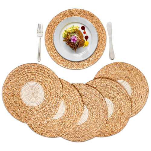 Cpintltr Woven Placemats Round Set of 6 Natural Water Hyacinth Weave Place Mats Heat Resistant Non-Slip Table Mats Braided Straw Table Mats for Dining Table Kitchen Table Decor (13 inch)