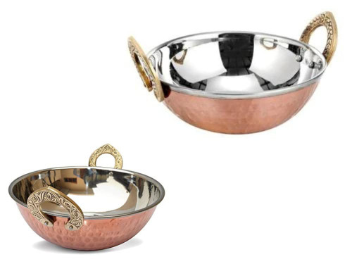 Genx Set of 4, Indian Copper Serveware Karahi Vegetable Dinner Bowl with Solid Brass Handle for Indian Food, Diameter- 13 Cm (5.2 Inches) Genx Set of 4, Indian Copper Serveware Karahi Vegetable Dinner Bowl with Solid Brass Handle for Indian Food, Diameter- 13 Cm (5.2 Inches)