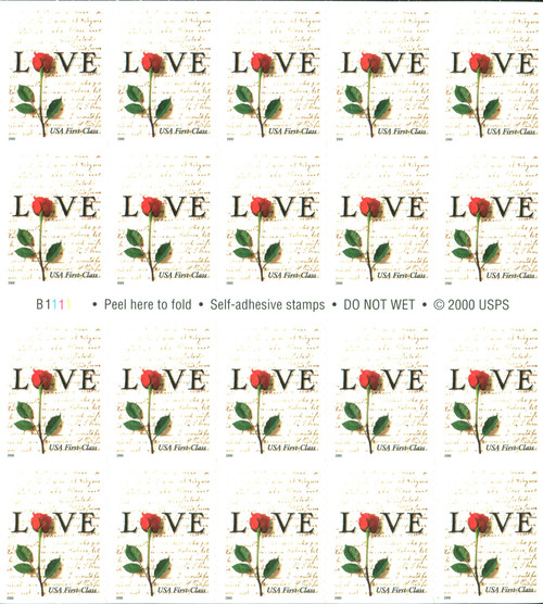 Red Rose and Love Letters Pane of Twenty 34 Cent Postage Stamps Great For Weddings Scott 3496 By USPS