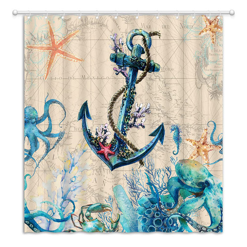GITCSSYM Nautical Shower Curtain Anchor Octopus Seahorse Ocean Animal Marine Life Coral Reef Starfish Retro Vintage Nautical Map Tropical Coastal Beach Decor Fabric Bathroom Curtain with Hook