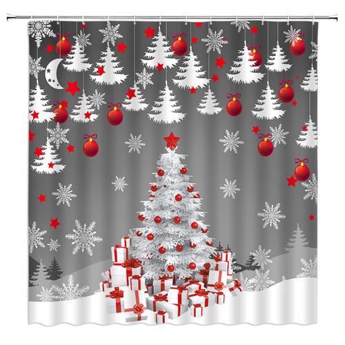 CCNSTMS Merry Christmas Shower Curtain Red Xmas Balls Grey Christmas Tree Happy Winter Holiday Snowflake Happy New Year Decoration Fabric Bathroom Curtain with Hook