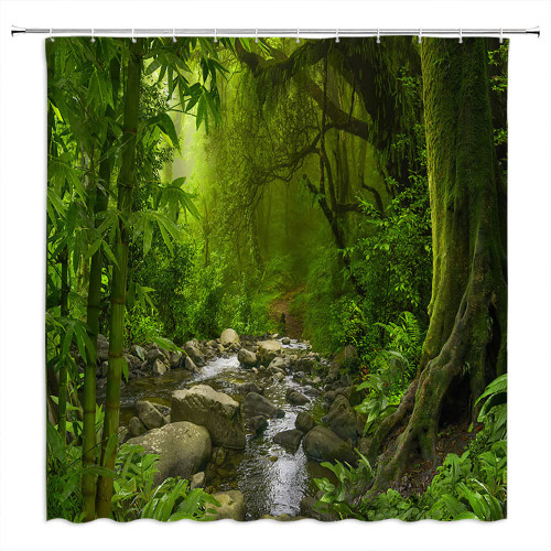 GIXKOXE Tropical Rainforest Shower Curtain Green Jungle Forest Stream Exotic Plants Wild Primeval Nature Botanical Landscape Bathroom Decor Curtain Polyester with Hooks