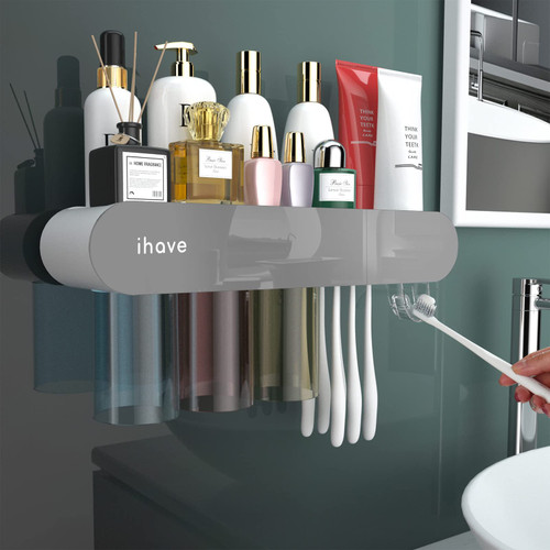 iHave Toothbrush Holders Bathroom Organizer, 3 Cups Toothbrush Holder Wall Mounted with Toothpaste Dispenser Bathroom Storage, Tooth Brushing Holder Bathroom Set Must Haves, Gray Bathroom Accessories