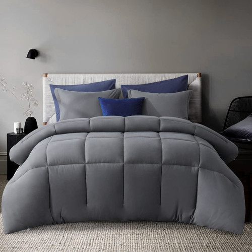 Aisbo Plain Comforter Set King - Fluffy Dark Grey 3-Pieces Comforter Set Soft and Lightweight, All Season Down Alternative Comforter for King Size Bed with 2 Pillow Shams