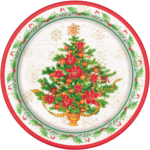 Unique Festive Poinsettia Christmas Round Dinner Plates, 9" (8-Pack) - Vibrant Multicolored Disposable Paper Plates for Holiday Parties and Celebrations