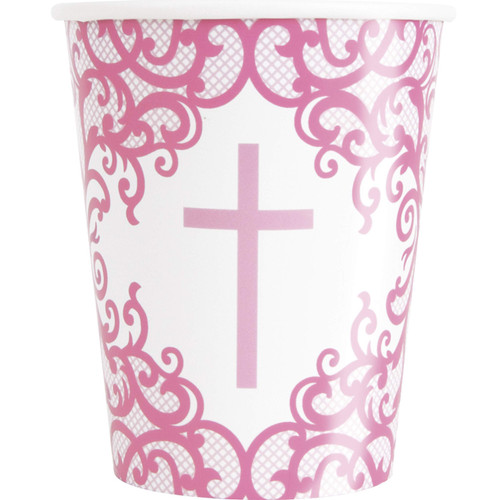 Unique Fancy Cross Disposable Paper Cups - 9 Oz | Pink | 8 Pcs