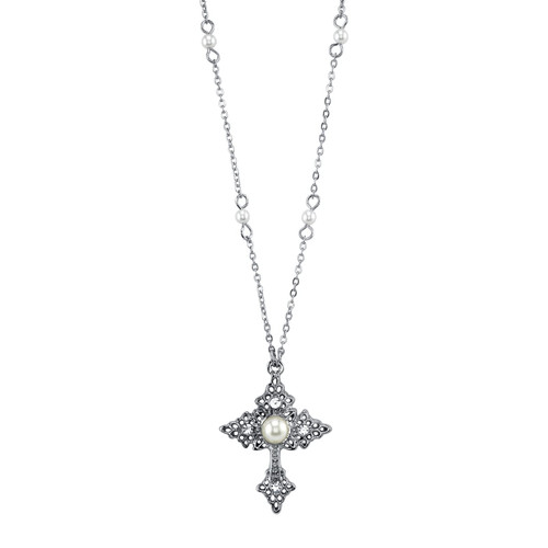 1928 Jewelry Women's Silver Tone Filigree Cross With Faux Pearl Crystal Accent Pendant Necklace 16" + 3" Extender 1928 Jewelry Women's Silver Tone Filigree Cross With Faux Pearl Crystal Accent Pendant Necklace 16" + 3" Extender
