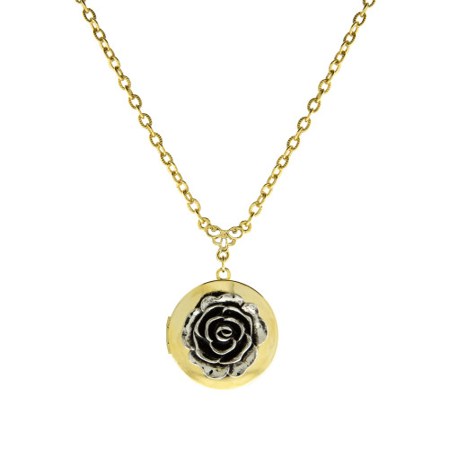 1928 Jewelry Brass and Silver-Tone Rose Locket Necklace, 16" 1928 Jewelry Brass and Silver-Tone Rose Locket Necklace, 16"