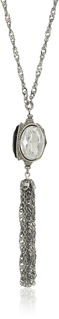 1928 Jewelry Silver-Tone 3-Sided Black and Crystal Tassel Y-Shaped Necklace