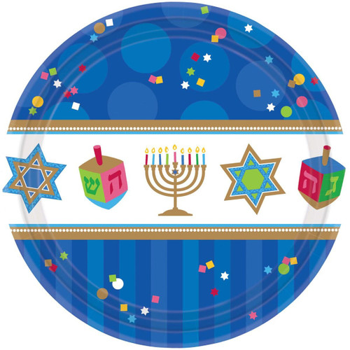 amscan Joyous Menorah Celebration Round Luncheon Plates Tableware, Blue/White, Paper, 10 1/2", 18-Piece