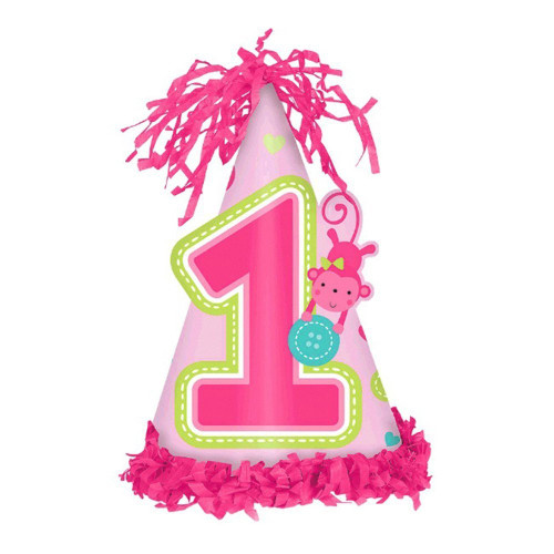 amscan One Wild Girl 1st Birthday Fringed Party Cone Hats, 7", Hot Pink/Pink
