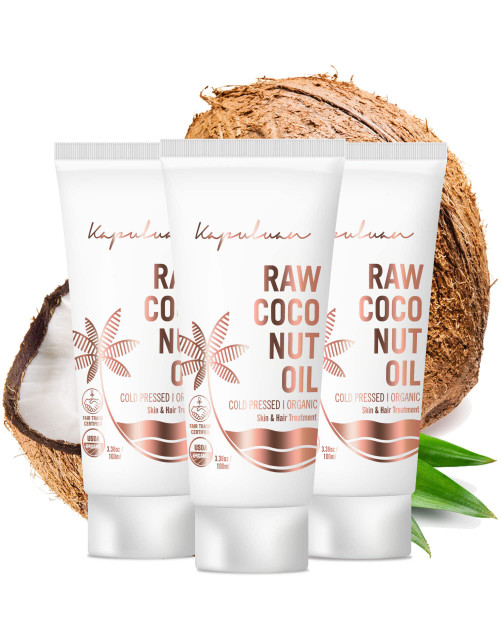 Kapuluan Organic Coconut Oil for Hair, Skin - Raw Extra Virgin Coconut Oil - Pure Unrefined Cold Pressed Oil with MCTs for Body Care or Haircare, Hair Growth, Aceite de Coco Organico 3 Pack, 100ml Kapuluan Organic Coconut Oil for Hair, Skin - Raw Extra Virgin Coconut Oil - Pure Unrefined Cold Pressed Oil with MCTs for Body Care or Haircare, Hair Growth, Aceite de Coco Organico 3 Pack, 100ml