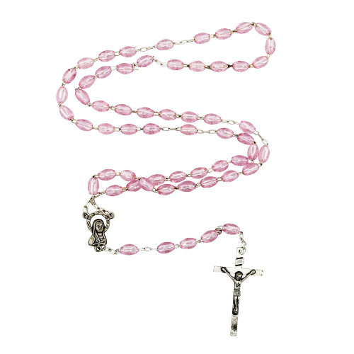 Good Shepherd Creations Catholic Rosary with Metal Crucifix Cross Made in Italy Miraculous Pink Oval Beads (Pink)