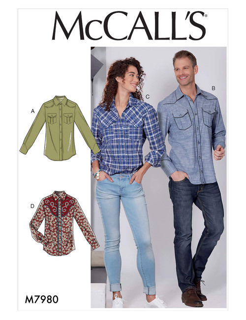 McCall's Patterns McCall's Women and Men's Button-Up Dress Shirt, Sizes S-L Sewing Pattern, White