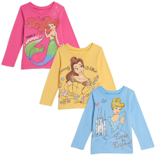 Disney Princess Cinderella Belle Ariel Toddler Girls 3 Pack T-Shirts Multicolored 3T
