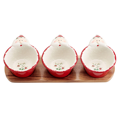 Pfaltzgraff Winterberry Santa Dip Bowls with Wood Base, Set Of 3, Multicolored
