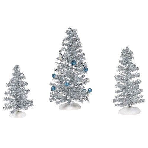 Department 56 Village Collection Accessories Blue Christmas Tinsel Trees Figurine Set, Various Sizes, Multicolor