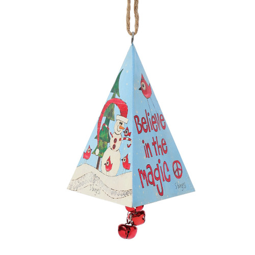 Enesco Izzy and Oliver Painted Peace by Stephanie Burgess Snowman Believe in Magic 3-Sided Triangle Hanging Ornament, 5 Inch, Multicolor