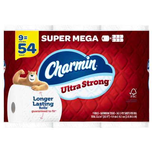 Charmin Ultra Strong Super Mega 2-Ply Toilet Paper Rolls, 4" x 4", White, 363 Sheets Per Roll, Pack Of 9 Rolls