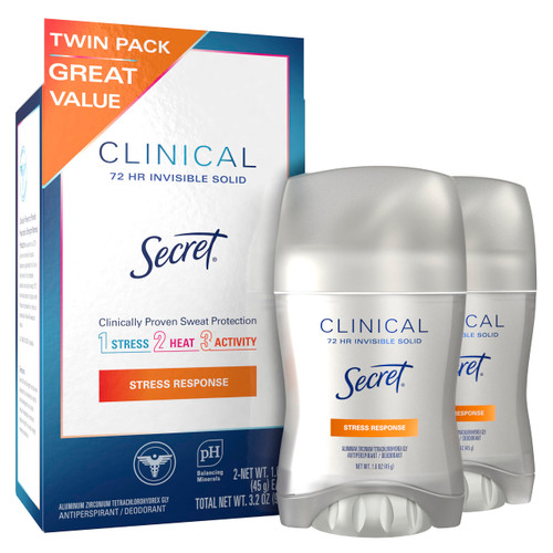 Secret Clinical Strength Invisible Solid Antiperspirant and Deodorant for Women, Stress Response, Twin Pack 1.6 oz each, 3.2oz Total Secret Clinical Strength Invisible Solid Antiperspirant and Deodorant for Women, Stress Response, Twin Pack 1.6 oz each, 3.2oz Total
