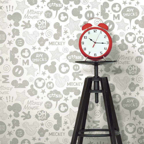 RoomMates RMK11152WP Metallic Silver Mickey Mouse Icons Peel and Stick Wallpaper, Grey/White