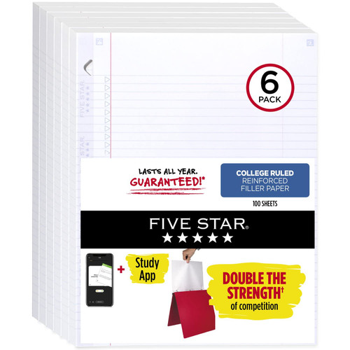 Five Star Loose Leaf Paper + Study App, 6 Pack, Notebook Paper, College Ruled Filler Paper, Reinforced, 8.5 x 11, 100 Sheets per Pack (170012)