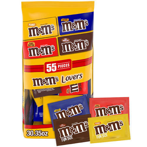 M&M'S Fun Size Milk Chocolate, Peanut, Peanut Butter & Caramel Halloween Candy Variety Pack, 30.35 oz/55 ct Bulk Candy Bag