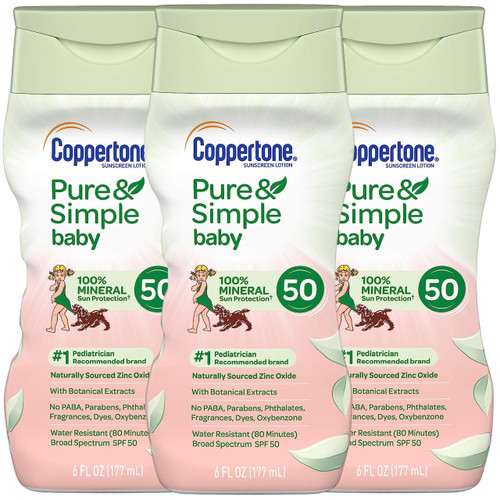 Coppertone Pure & Simple Baby Tear Free Mineral-Based Sunscreen Lotion Broad Spectrum SPF 50, 6 Fluid Ounce (Pack of 3)