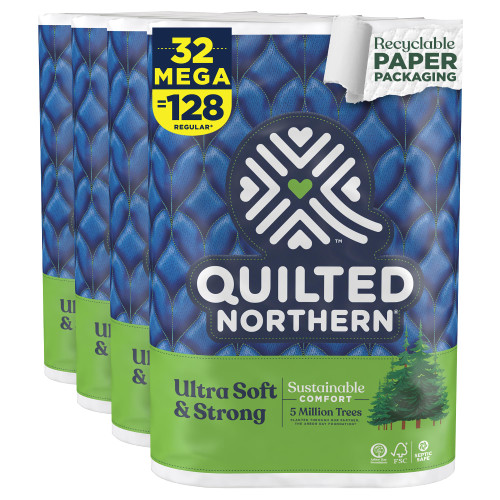 Quilted Northern Ultra Soft & Strong Toilet Paper, 32 Mega Rolls = 128 Regular Rolls, 5X Stronger, Premium Soft Toilet Tissue with Recyclable Paper Packaging