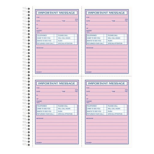 TOPS Phone Message Book, Spiral Bound, 2-Part, Carbonless, White and Canary, 4 Messages per Page, 400 Sets (4009)