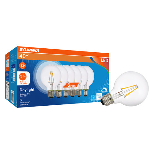 Sylvania Reduced Eye Strain G25 Globe LED Light Bulb, 40W = 4.5W, 13 Year, Dimmable, Clear, 5000K, Daylight - 6 Pack (41240)