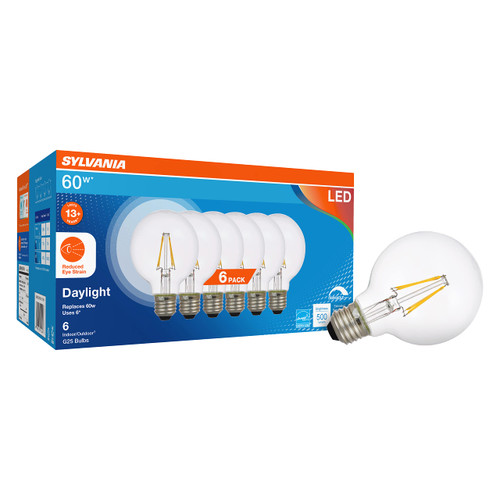 Sylvania Reduced Eye Strain G25 Globe LED Light Bulb, 60W = 6W, 13 Year, Dimmable, Clear, 5000K, Daylight - 6 Pack (41244)