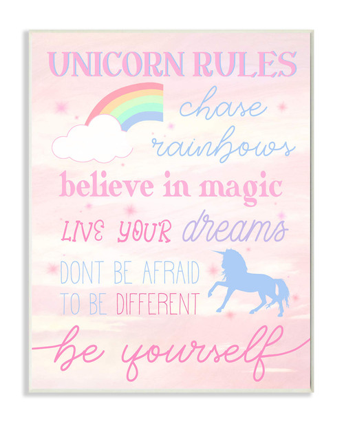 Stupell Industries Unicorn Rules Happiness Rainbow Pink Sky, Design by Daphne Polselli Wall Plaque, 10 x 15
