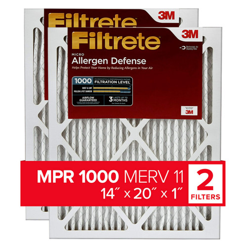 Filtrete 14x20x1 Air Filter, MPR 1000, MERV 11, Micro Allergen Defense 3-Month Pleated 1-Inch Air Filters, 2 Filters