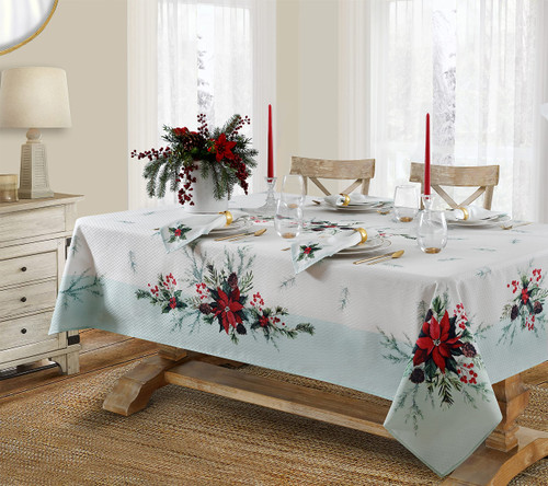 Lintex Holly Bough Stonewashed Border Traditional Christmas Tablecloth, Poinsettia and Holly Sprig, Sage Bordered Xmas Holiday Easy Care Fabric Tablecloth, 52 Inch x 52 Inch Square