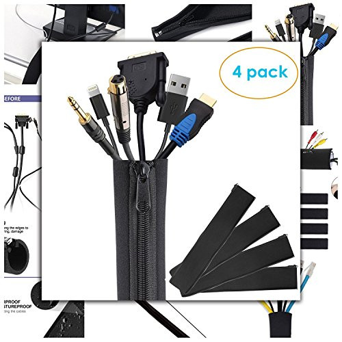 Cable Management Sleeves with Zipper, Wire Cover, 4 Pack, 20", Neoprene Cable Organizer Wrap Flexible Cord and Wire Hider, DIY kit, Cord Sleeves for TV, Computer, Office, Cubicle, Home Entertainment