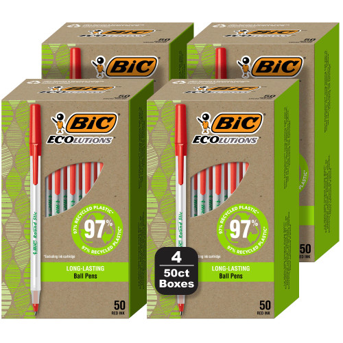 BIC Ecolutions Round Stic Ballpoint Pens, Medium Point (1.0mm), 50 Count (Pack of 4), Red Ink Pens Made from 97% Recycled Plastic