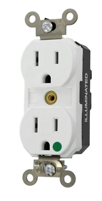 Leviton M8200-ILW Lev-Lok 15-Amp, 2P, 3W, Illuminated Face, Straight Blade, Hospital Grade, Isolated Ground, Modular Wiring Device Duplex Receptacle, White