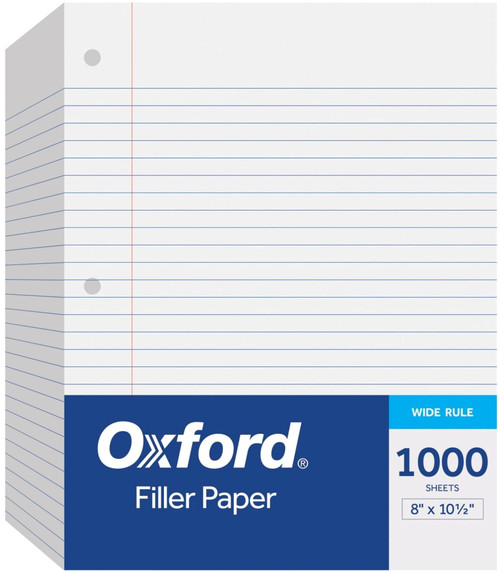 Oxford Loose Leaf Paper Wide Ruled - 1000 Pack Filler Paper - 8.5 x 11 Inch. - 3-hole Punched Wide Ruled Notebook Paper - Binder Paper for Adults, School Students, and Kids - Notebook Paper Wide Ruled