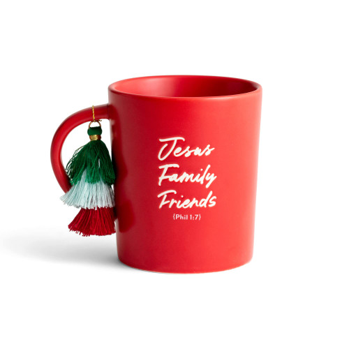 DaySpring Jesus Family Friends-12 Ounce, Red Inspirational ceramic coffee mug with tassel keychain, 12 Ounces