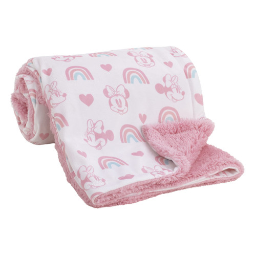 Disney Minnie Mouse White, Pink, and Aqua Rainbow and Hearts Super Soft Velboa with Sherpa Back Baby Blanket Disney Minnie Mouse White, Pink, and Aqua Rainbow and Hearts Super Soft Velboa with Sherpa Back Baby Blanket