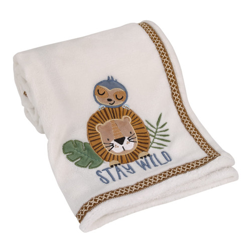 NoJo Jungle Paradise Ivory, Tan, and Green Lion and Sloth, Stay Wild Super Soft Applique Baby Blanket