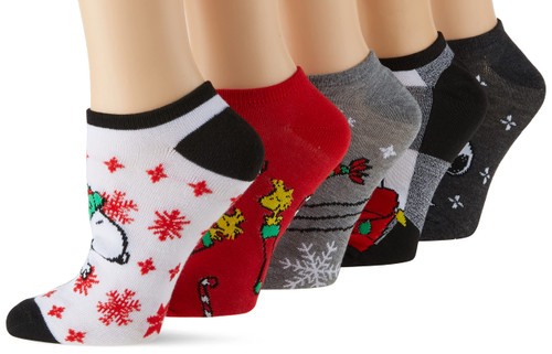 Peanuts Women's 5 Pack No Show, Christmas Black Assorted, Fits Sock Size 9-11 Fits Shoe Size 4-10.5, (200889) Peanuts Women's 5 Pack No Show, Christmas Black Assorted, Fits Sock Size 9-11 Fits Shoe Size 4-10.5, (200889)