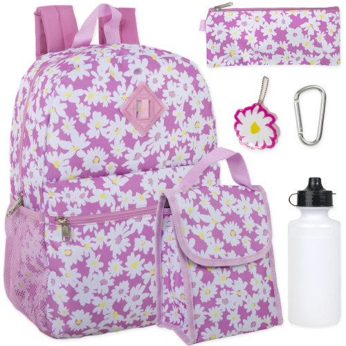 Trail maker Girl's 6 in 1 Backpack With Lunch Bag, Pencil Case, Keychain, and Accessories (Pink Daisies)