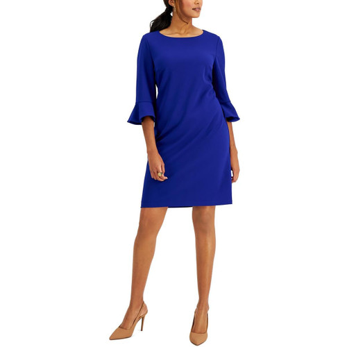 Kasper Womens Knit Ruffle-Sleeves Sheath Dress Blue 12