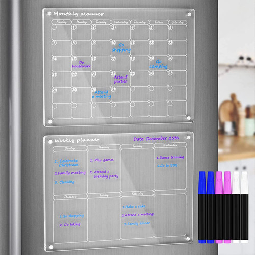 LIPPSY Acrylic Magnetic Calendar for Fridge, Clear Acrylic Monthly and Weekly Calendar, Erase Board Calendar for Fridge Reusable Planner