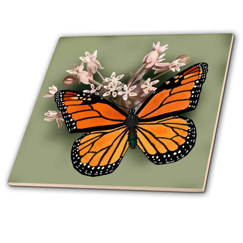 3dRose ct_212839_1 Monarch Butterfly & Pink Milkweed Ceramic Tile, 4"
