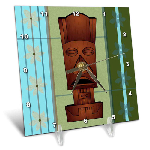 3dRose dc_77493_1 Wood Grain Tropical Tiki Mask Hawaiian Flowers Orange Blue & Green Desk Clock, 6 by 6"