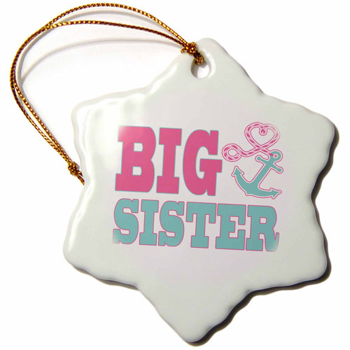 3dRose Big Sister Cute Anchor and Heart Rope Pink and Aqua Snowflake Ornament
