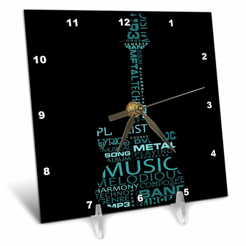 3dRose The Word Music Shaped Like A Guitar in Turquoise - Desk Clock, 6 by 6-Inch (dc_101439_1)